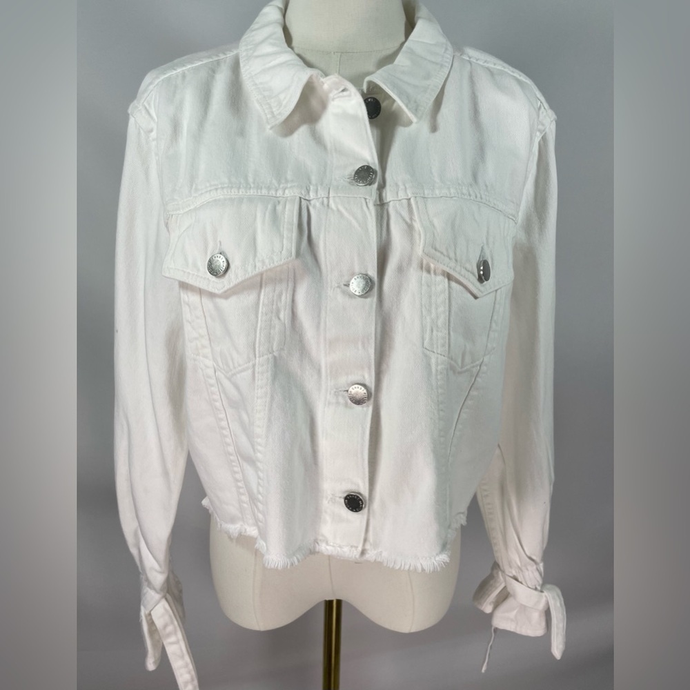 NWT Alice + Olivia Olivia White Cropped Frayed Tie-Sleeve Denim Jacket Size XL